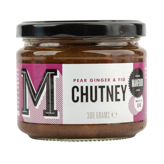 Manfood Pear, Apple, Fig & Plum Chutney jar showing colorful chunks of fruit and chutney in a clear glass container.