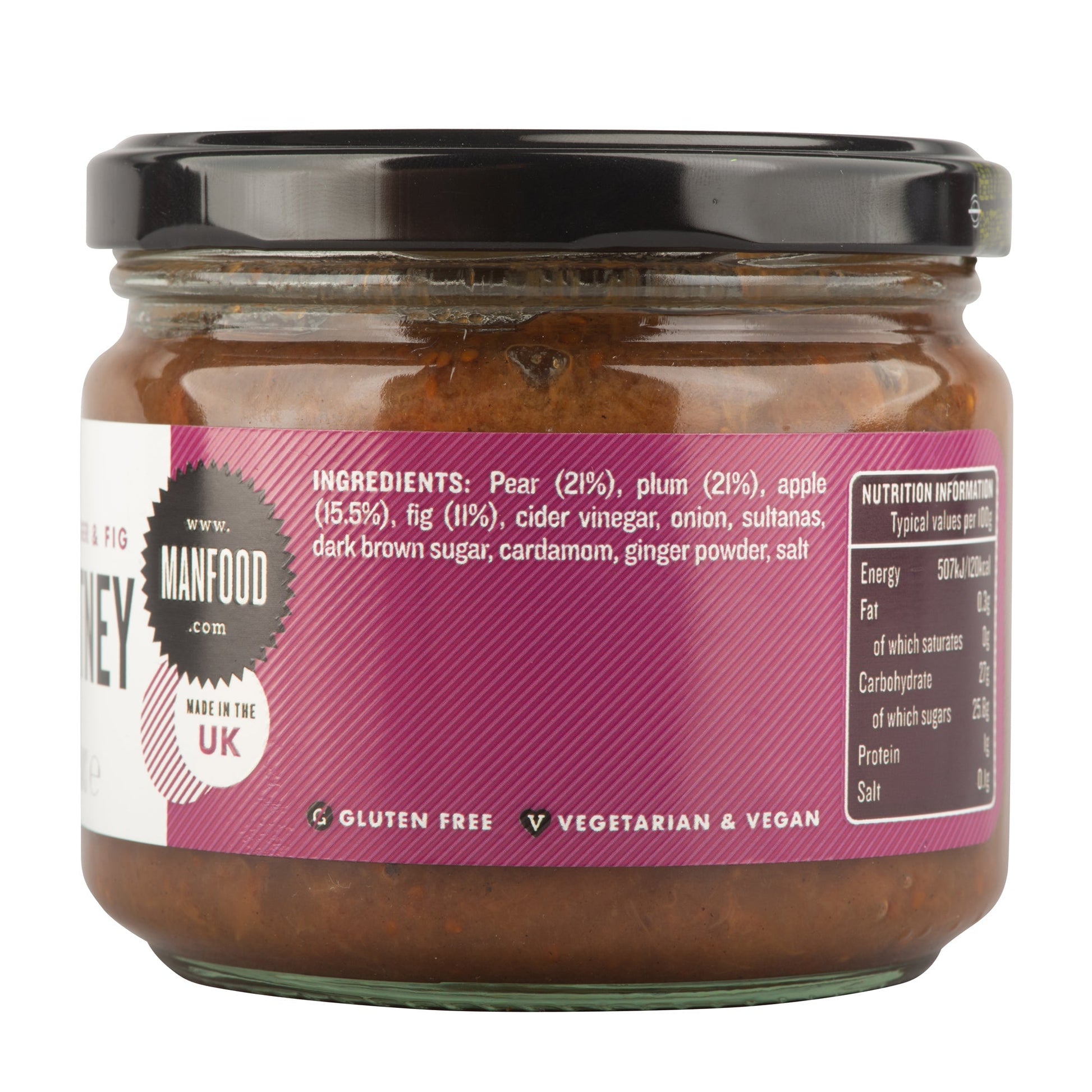 Manfood pear, apple, fig, and plum chutney in a jar with fresh fruit slices, showcasing a colorful, flavorful condiment.