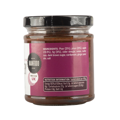 Manfood pear, apple, fig, and plum chutney jar showing a colorful, textured chutney with fresh fruit pieces.