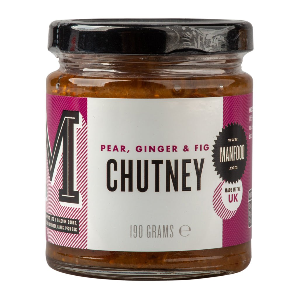 Jar of Manfood Pear, Apple, Fig & Plum Chutney with fresh fruit ingredients visible in the image.