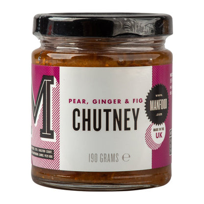Jar of Manfood Pear, Apple, Fig & Plum Chutney with fresh fruit ingredients visible in the image.