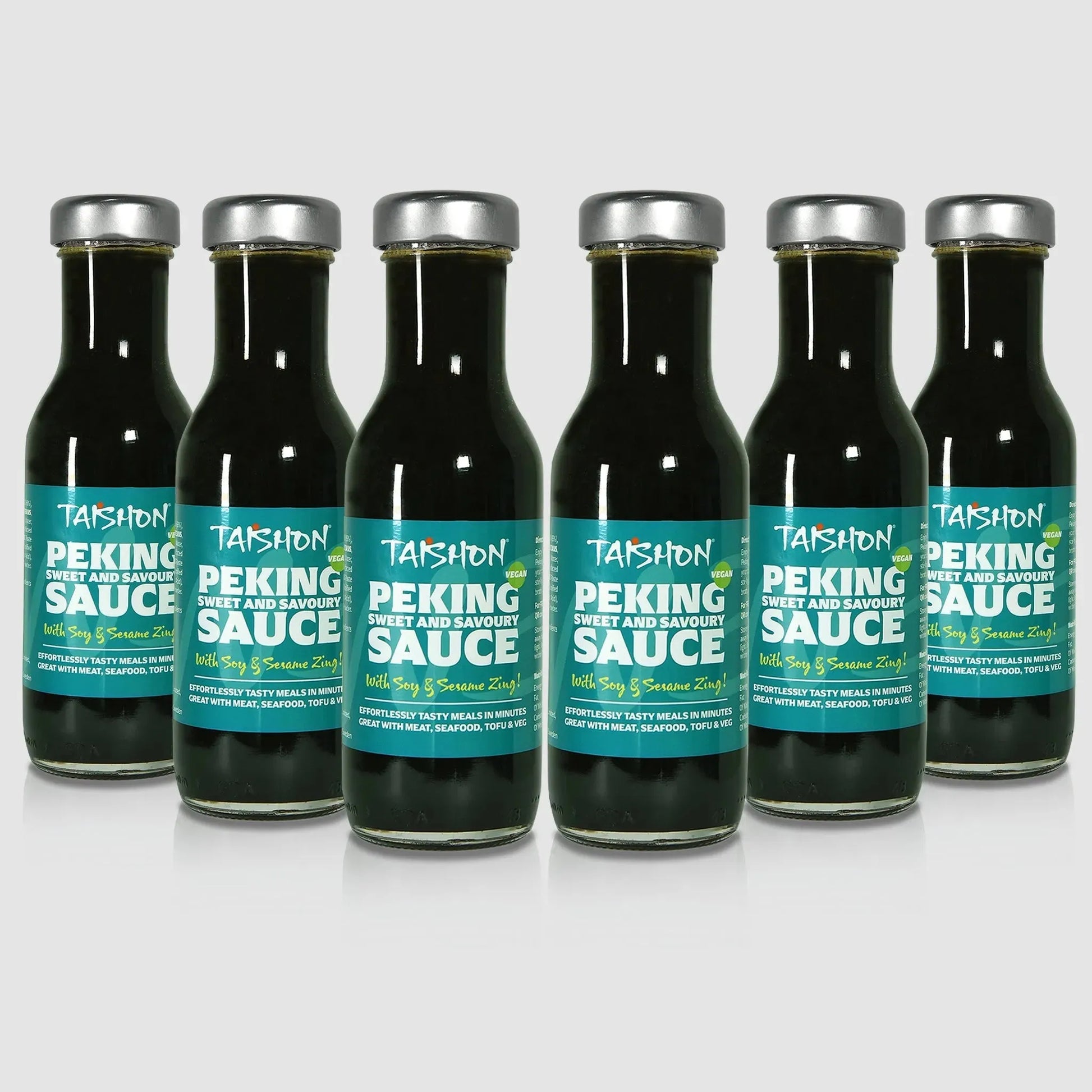 Case of six Taishon Peking Sweet and Savoury Vegan Sauce bottles for cooking and marinades.