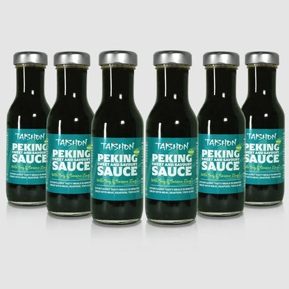 Case of six Taishon Peking Sweet and Savoury Vegan Sauce bottles for cooking and marinades.