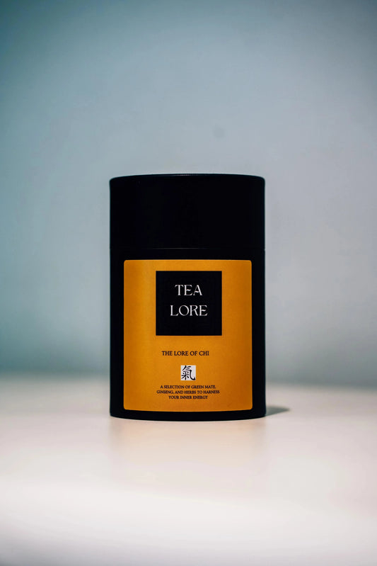 Gift set of The Lore of Chi natural energy booster by Tealore, featuring caffeine-free herbal blends in elegant packaging.