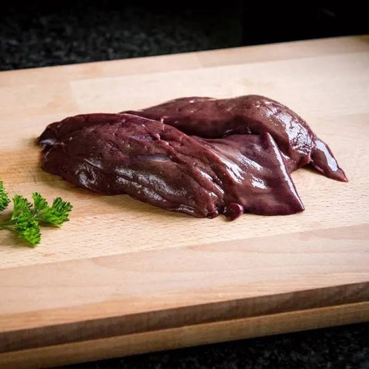 Fresh pigs liver, offal from Primrose Herd, showcasing bright red, high-quality pig’s liver on a clean background.