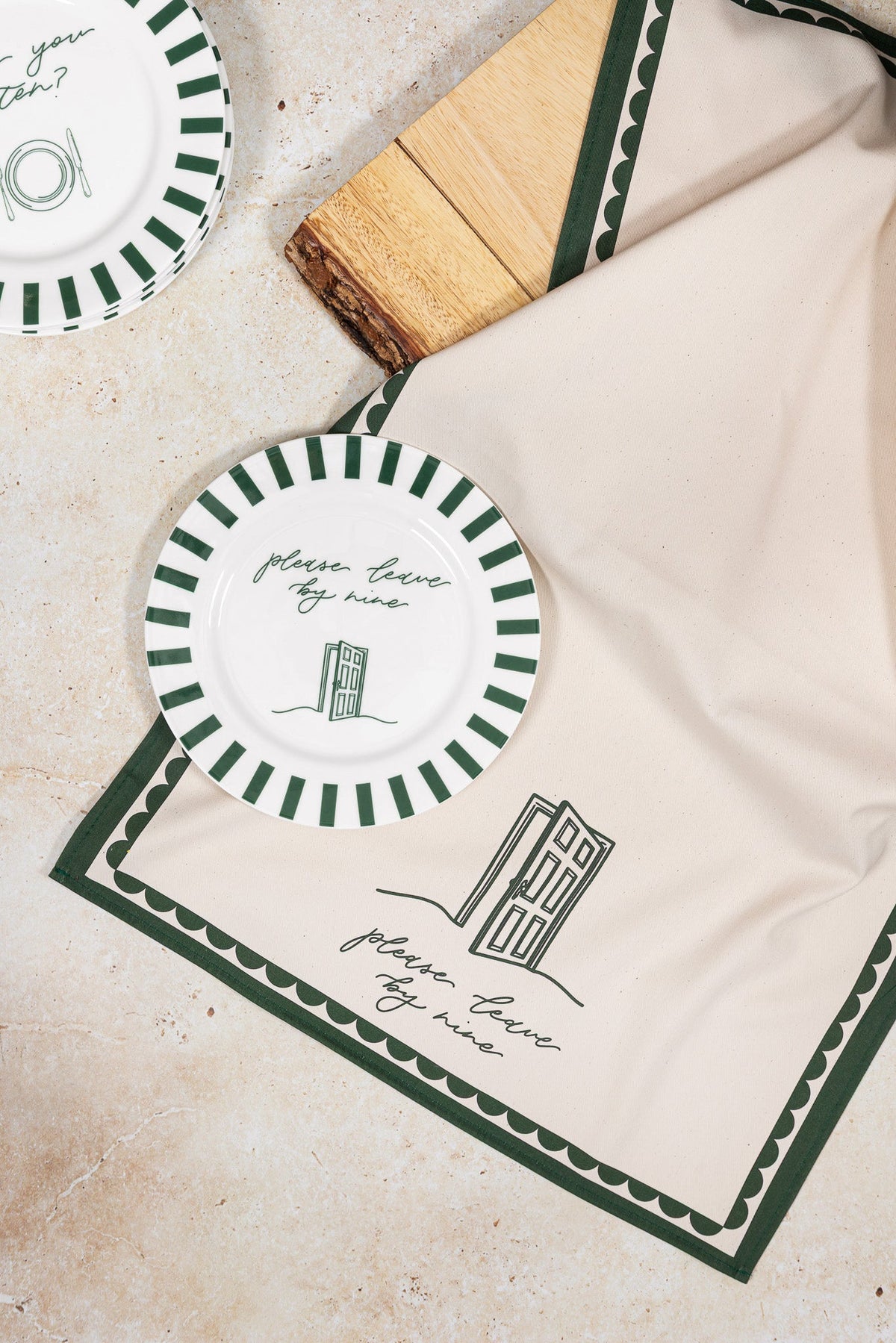 Avalon Home UK "Please Leave By Nine" tea towel featuring a printed design, made from soft, absorbent fabric for kitchen use.