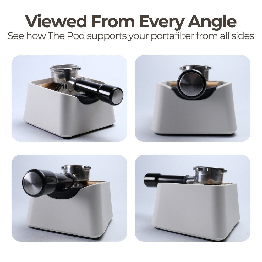 KNOCDIC® Pod Coffee Knock Box with stainless steel surface and sturdy construction, shown from angled views.