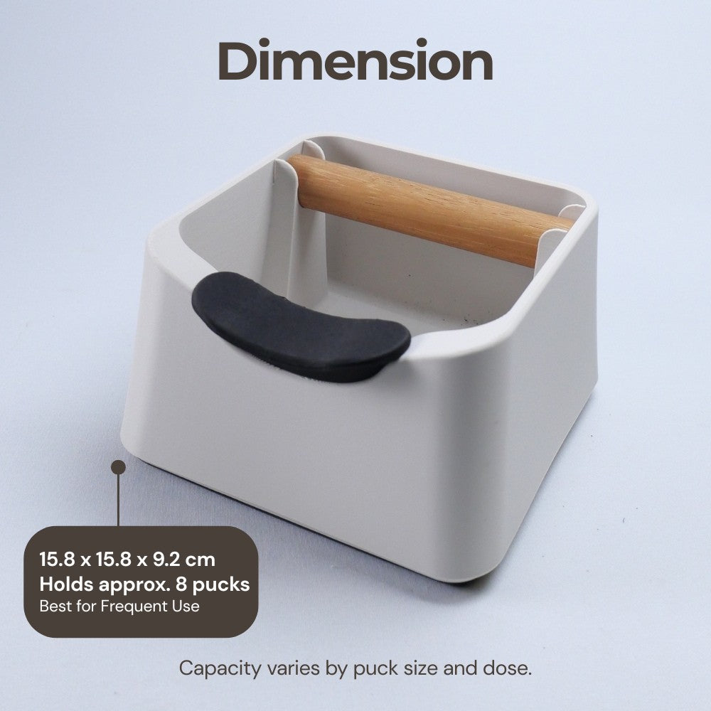 KNOCDIC® The Pod Coffee Knock Box with dimensions for espresso machine waste disposal. Durable stainless steel construction.