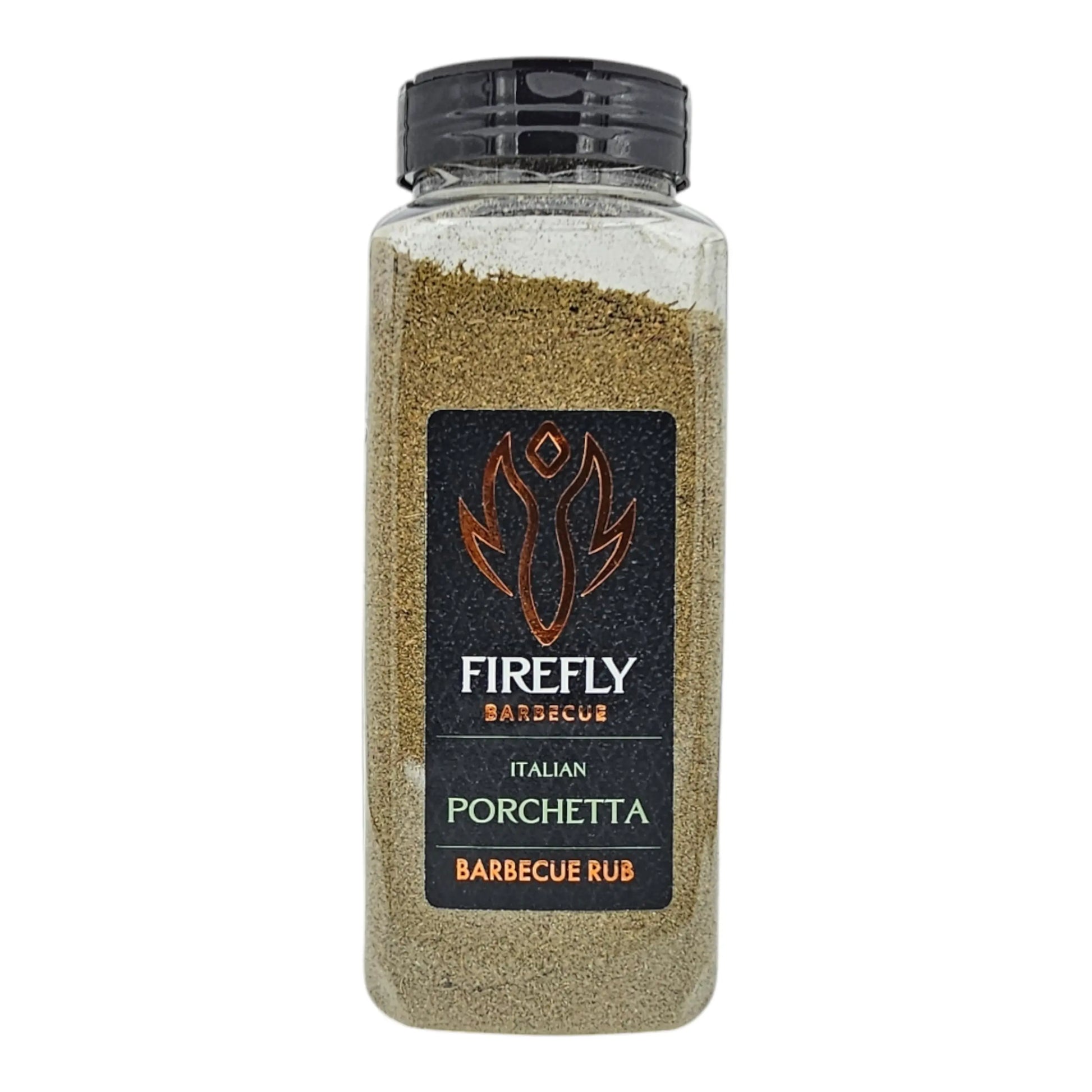 FireFly Barbecue Italian Porchetta Rub in a jar, with colorful herbs and spices, perfect for enhancing grilled pork dishes.