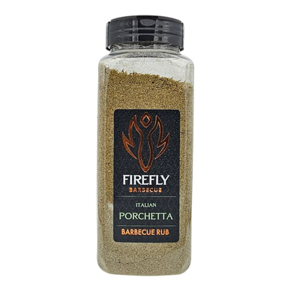 FireFly Barbecue Italian Porchetta Rub in a jar, with colorful herbs and spices, perfect for enhancing grilled pork dishes.