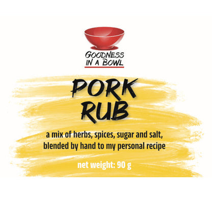 Jar of GOODNESS IN A BOWL pork rub seasoning with a label, ideal for enhancing grilled or smoked pork dishes.