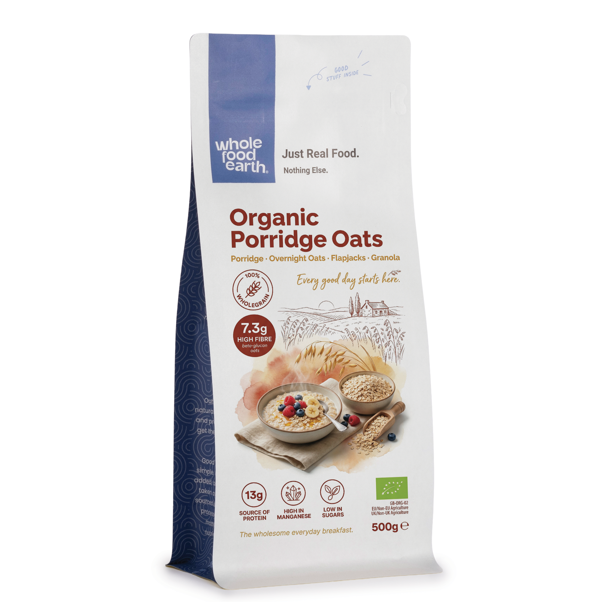 Whole Food Earth organic porridge oats in a bowl, showing the cereal's texture and natural appearance.