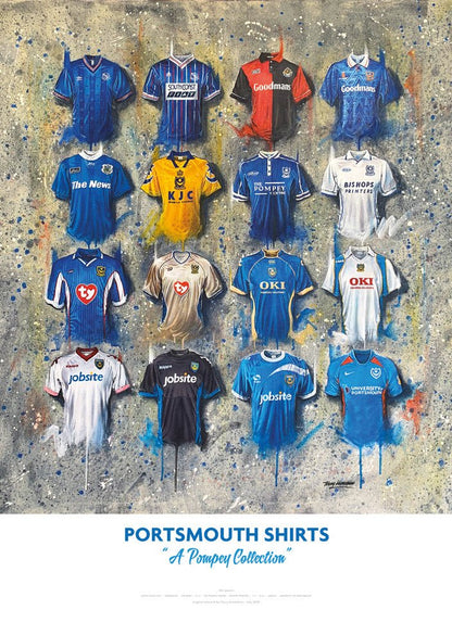 Limited edition Portsmouth FC signed A2 print by Terry Kneeshaw Art featuring iconic team shirts and memorabilia.