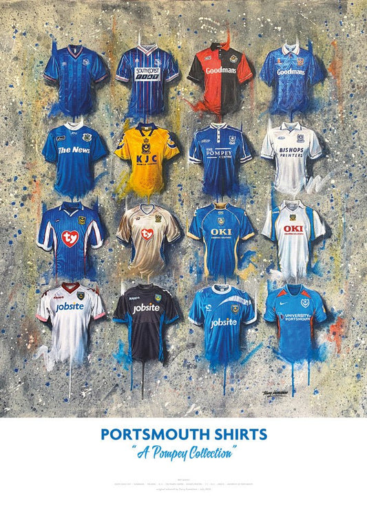 Limited edition Portsmouth FC signed A2 print by Terry Kneeshaw Art featuring iconic team shirts and memorabilia.