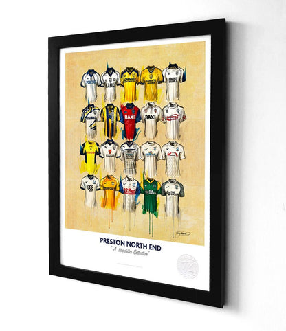 Limited edition Preston North End shirt print wall art by Terry Kneeshaw, featuring classic Lilywhites football jersey design.