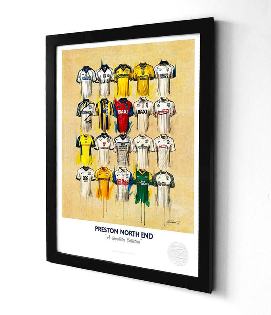 Limited edition Preston North End shirt print wall art by Terry Kneeshaw, featuring classic Lilywhites football jersey design.