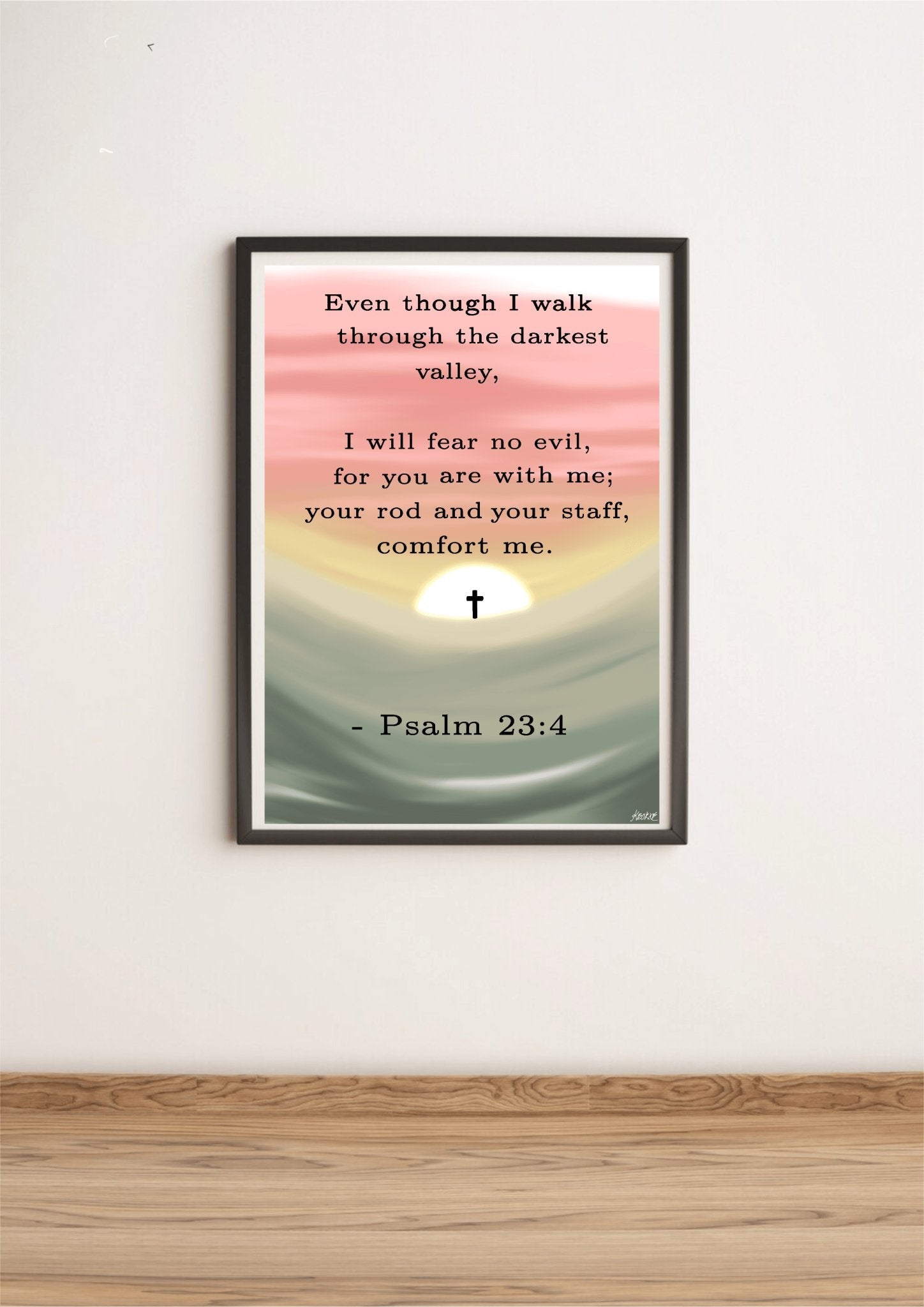 Minimalist Psalm 23:4 print by KEOLIX featuring calming, faith-inspired artwork with soft colors and elegant typography.