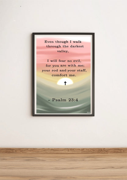 Minimalist Psalm 23:4 print by KEOLIX featuring calming, faith-inspired artwork with soft colors and elegant typography.