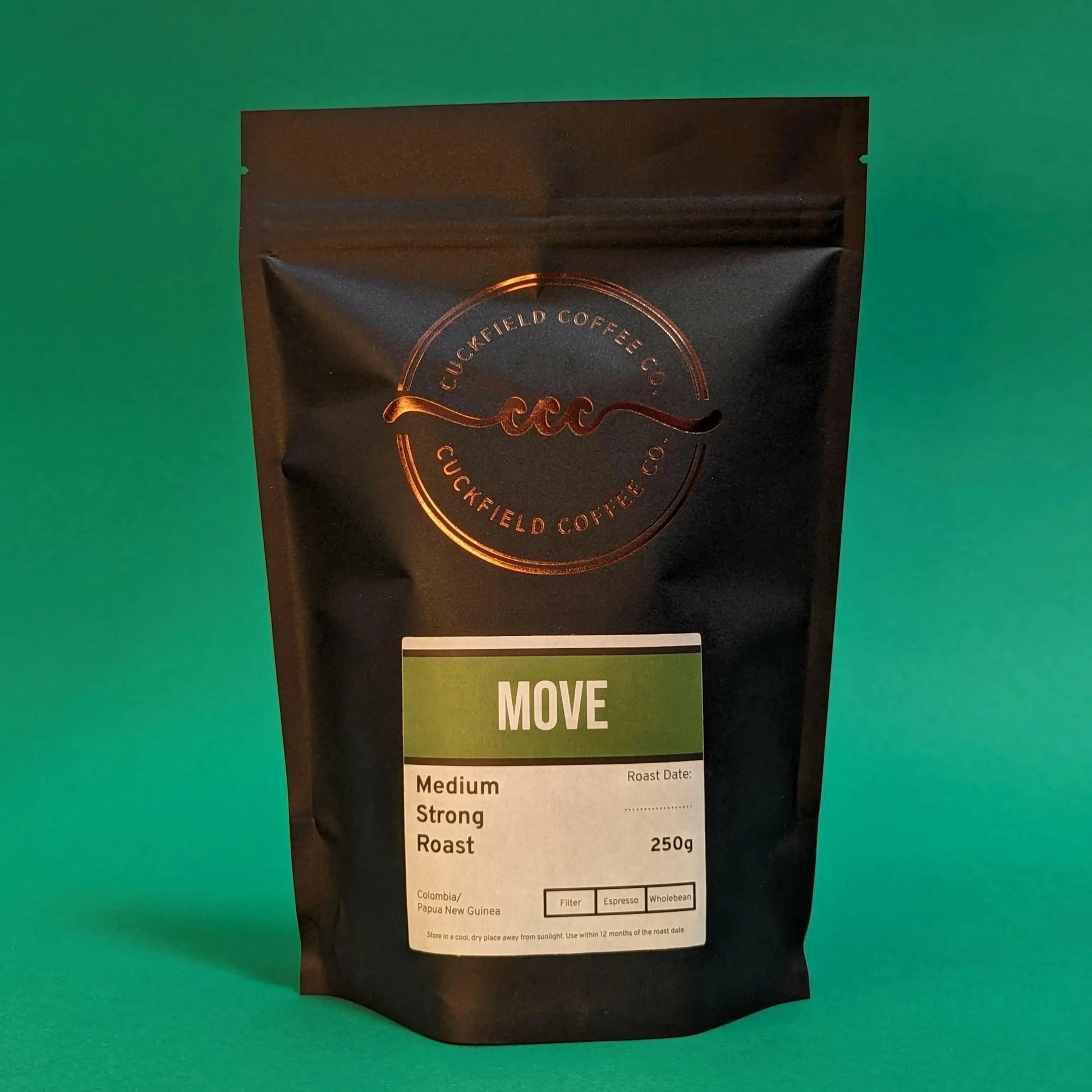 Move Medium Strong Roast coffee bag by Cuckfield Coffee Co., showing the packaging with branding and roast details.