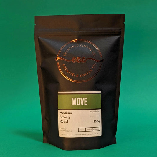 Move Medium Strong Roast coffee bag by Cuckfield Coffee Co., showing the packaging with branding and roast details.