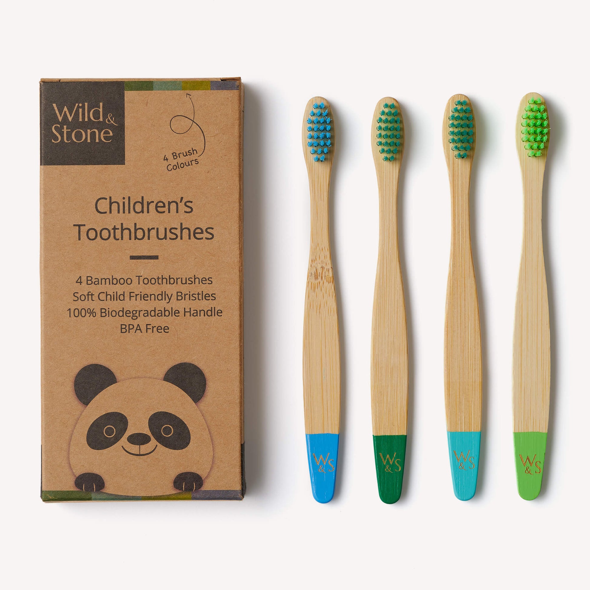 Children's bamboo toothbrushes in aqua color from Wild And Stone, set of four, with soft bristles and eco-friendly bamboo handles.