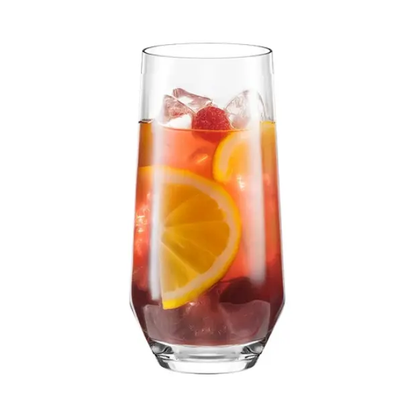 Set of six Stolzle Lausitz Quatrophil highball whisky tumblers, 390ml glassware, designed for elegant drink presentation.