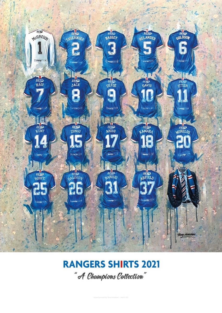 Limited edition A2 signed print of Rangers FC Champions shirts by Terry Kneeshaw Art, featuring detailed artwork of the jerseys.
