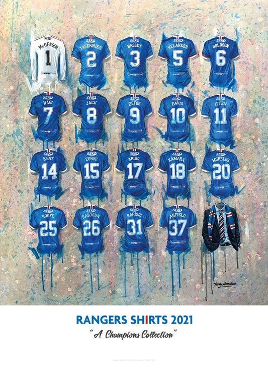 Limited edition A2 signed print of Rangers FC Champions shirts by Terry Kneeshaw Art, featuring detailed artwork of the jerseys.