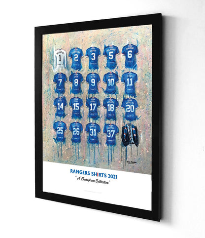 Limited edition A2 signed print of Rangers FC Champions shirts by Terry Kneeshaw Art, featuring detailed team memorabilia artwork.
