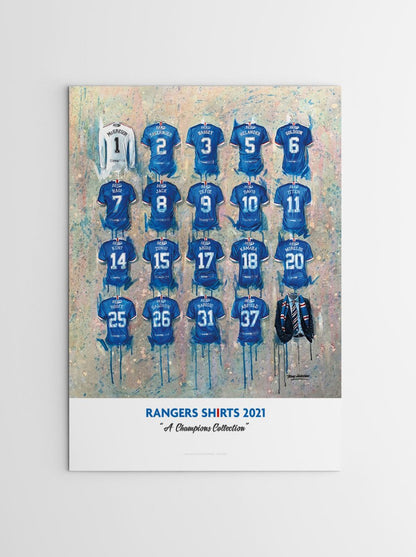 Limited edition A2 signed print of Rangers FC Champions shirts by Terry Kneeshaw Art, showcasing detailed football memorabilia artwork.