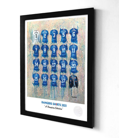 Limited edition Rangers Champions A3 framed print by Terry Kneeshaw Art featuring iconic Rangers FC shirt wall art.