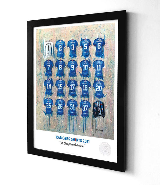 Limited edition Rangers Champions A3 framed print by Terry Kneeshaw Art featuring iconic Rangers FC shirt wall art.