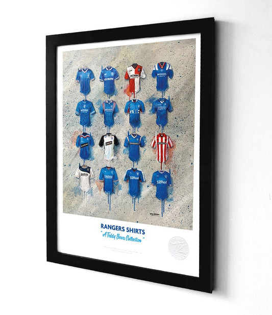 Limited edition Rangers A3 framed print featuring iconic Rangers FC shirt wall art by Terry Kneeshaw Art.