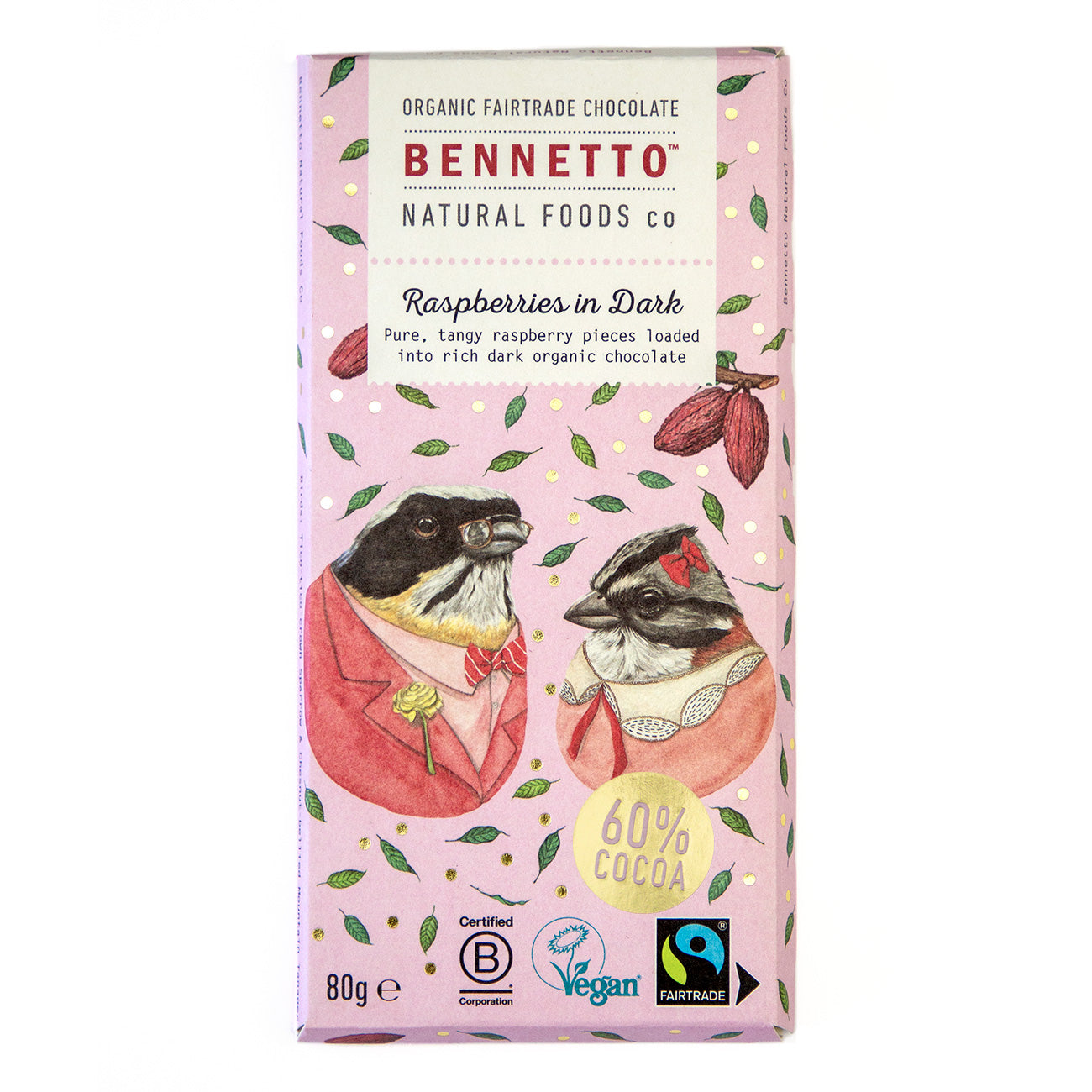 Dark chocolate with fresh raspberries from Bennetto Natural Foods UK, showcasing glossy dark chocolate pieces topped with vibrant raspberries.