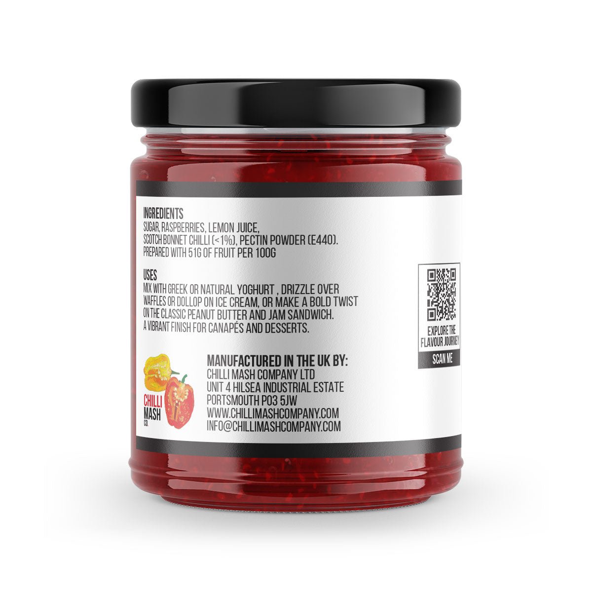 190g jar of Chilli Mash Co. Raspberry Chilli Jam with vibrant red jam and fresh raspberry and chili pieces visible inside.