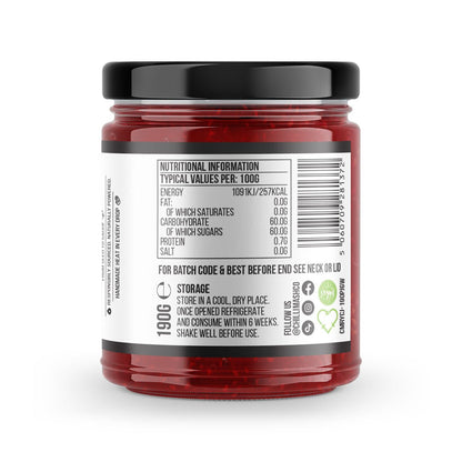 Raspberry Chilli Jam by Chilli Mash Co., 190g jar, showcasing vibrant raspberry and chili mash in a glass jar.