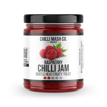 Raspberry Chilli Jam by Chilli Mash Co. in a 190g jar, showcasing vibrant raspberry and red chilli ingredients.