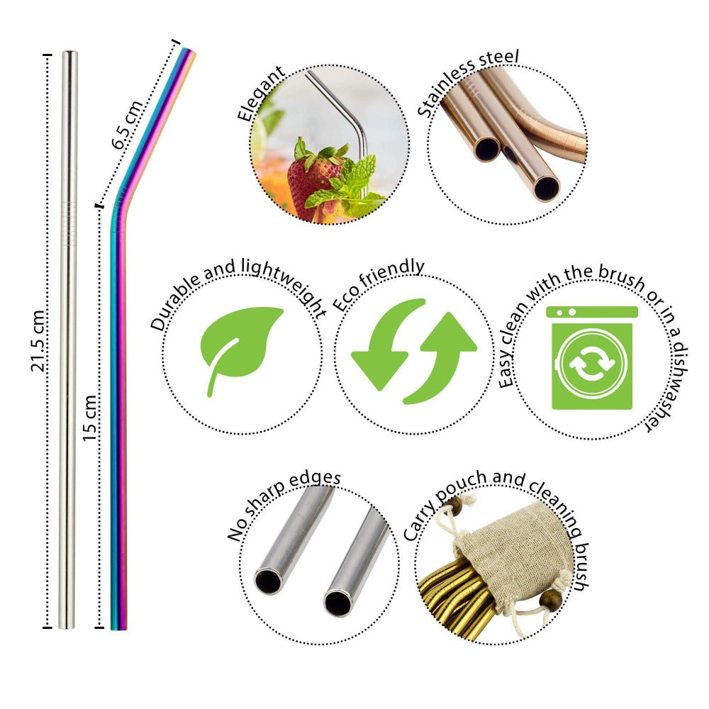 Set of 8 colorful rainbow reusable stainless steel drinking straws by Wild And Stone, eco-friendly and durable for beverages.