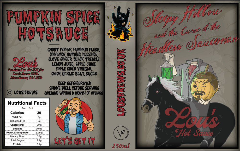 Bottle of Sleepy Hollou & The Curse of the Headless Sauceman Pumpkin Spice Hot Sauce by Lou's Brews, with label visible.