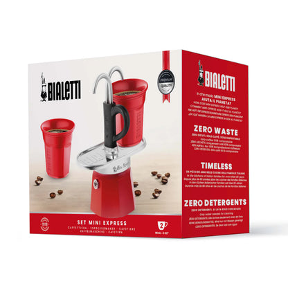 Red Bialetti Mini Express 'R' double serve espresso maker for two cups, compact Bialetti hardware by Brew Italia.