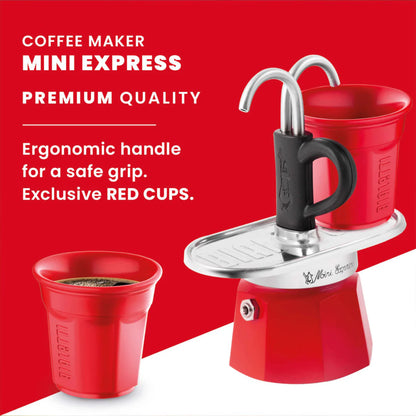 Red Bialetti Mini Express 'R' double serve stovetop coffee maker with two cups, compact Bialetti hardware for espresso brewing.