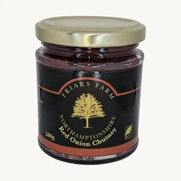 Red Onion Chutney by Friars Farm in a 200g jar, showcasing vibrant red onions and rich chutney texture.