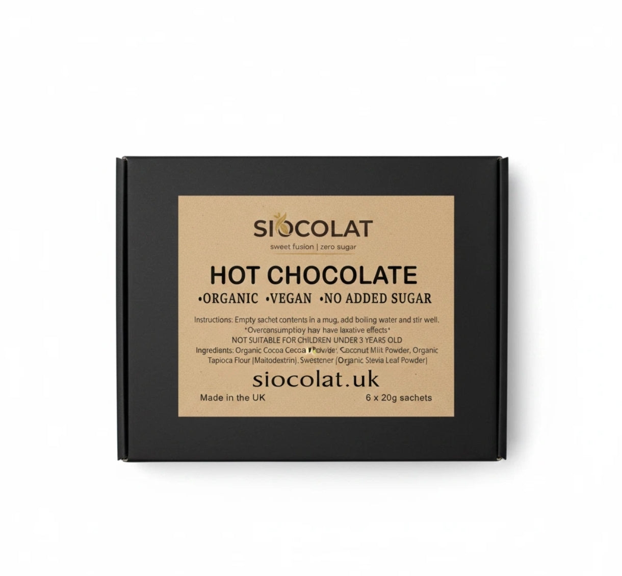 Three packs of Siocolat vegan hot chocolate drink with no added sugar, showcasing the chocolate powder and packaging.