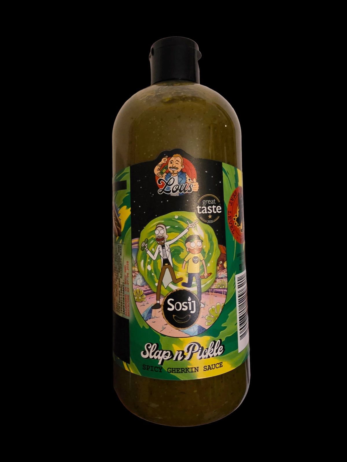 Lou's x Sosij Slap n' Pickle hot sauce bottle from Lou's Brews, featuring vibrant label design and spicy condiment details.