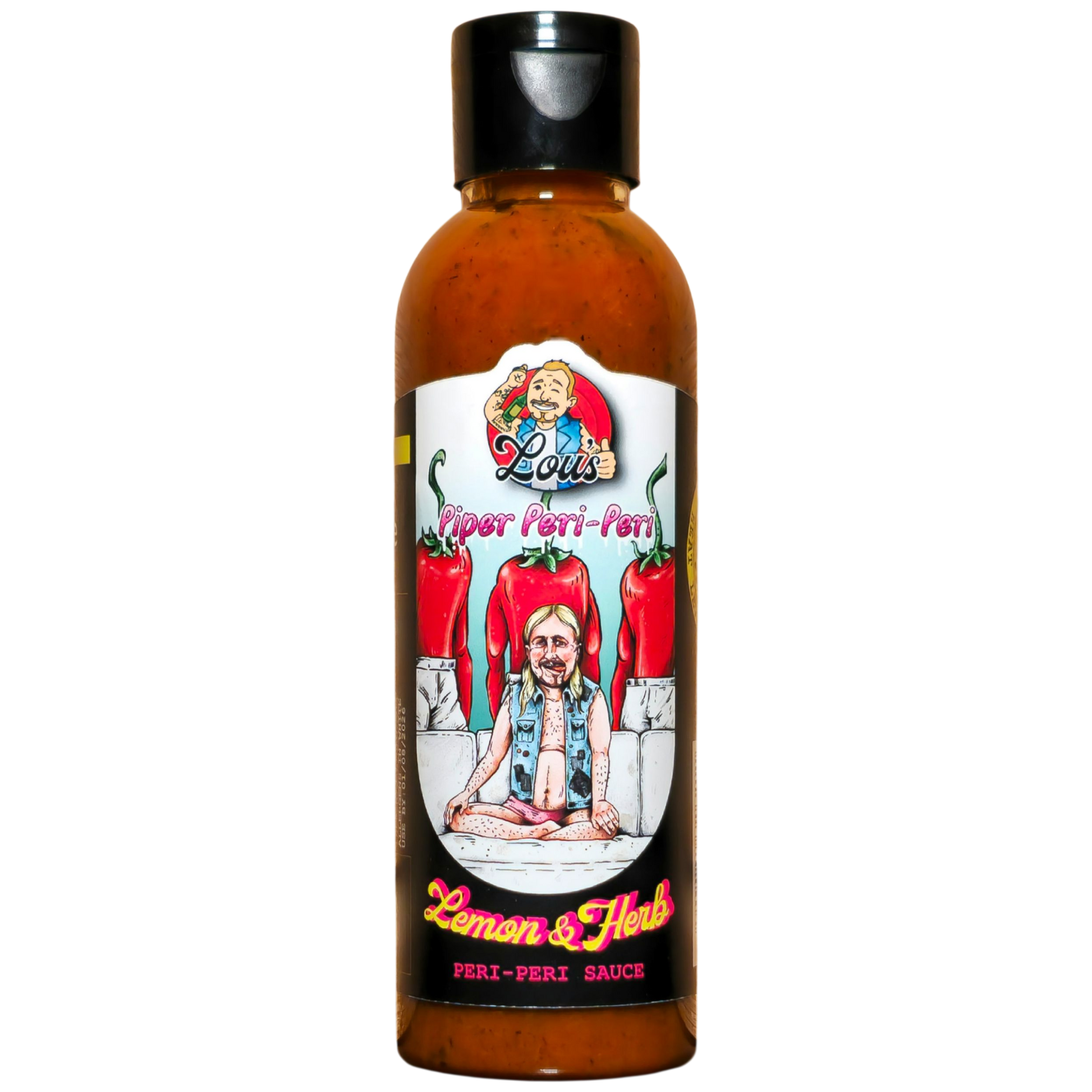 Lou's Brews Piper Peri Peri Lemon & Herb Hot Sauce bottle, with bright yellow label, showcasing vibrant condiments and spicy flavor.