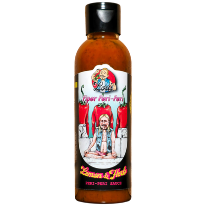 Lou's Brews Piper Peri Peri Lemon & Herb Hot Sauce bottle, with bright yellow label, showcasing vibrant condiments and spicy flavor.