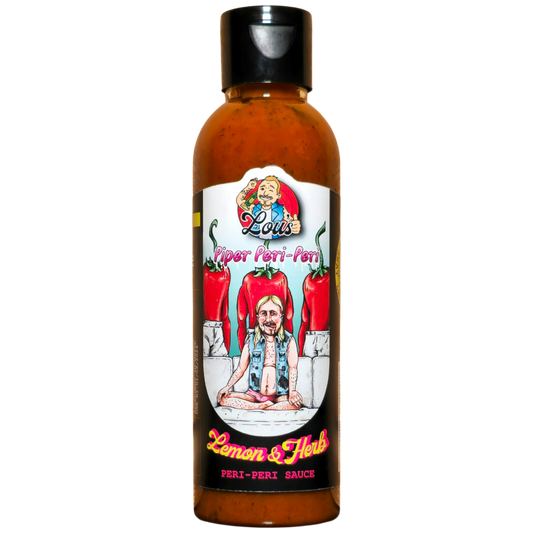 Lou's Brews Piper Peri Peri Lemon & Herb Hot Sauce bottle, with bright yellow label, showcasing vibrant condiments and spicy flavor.