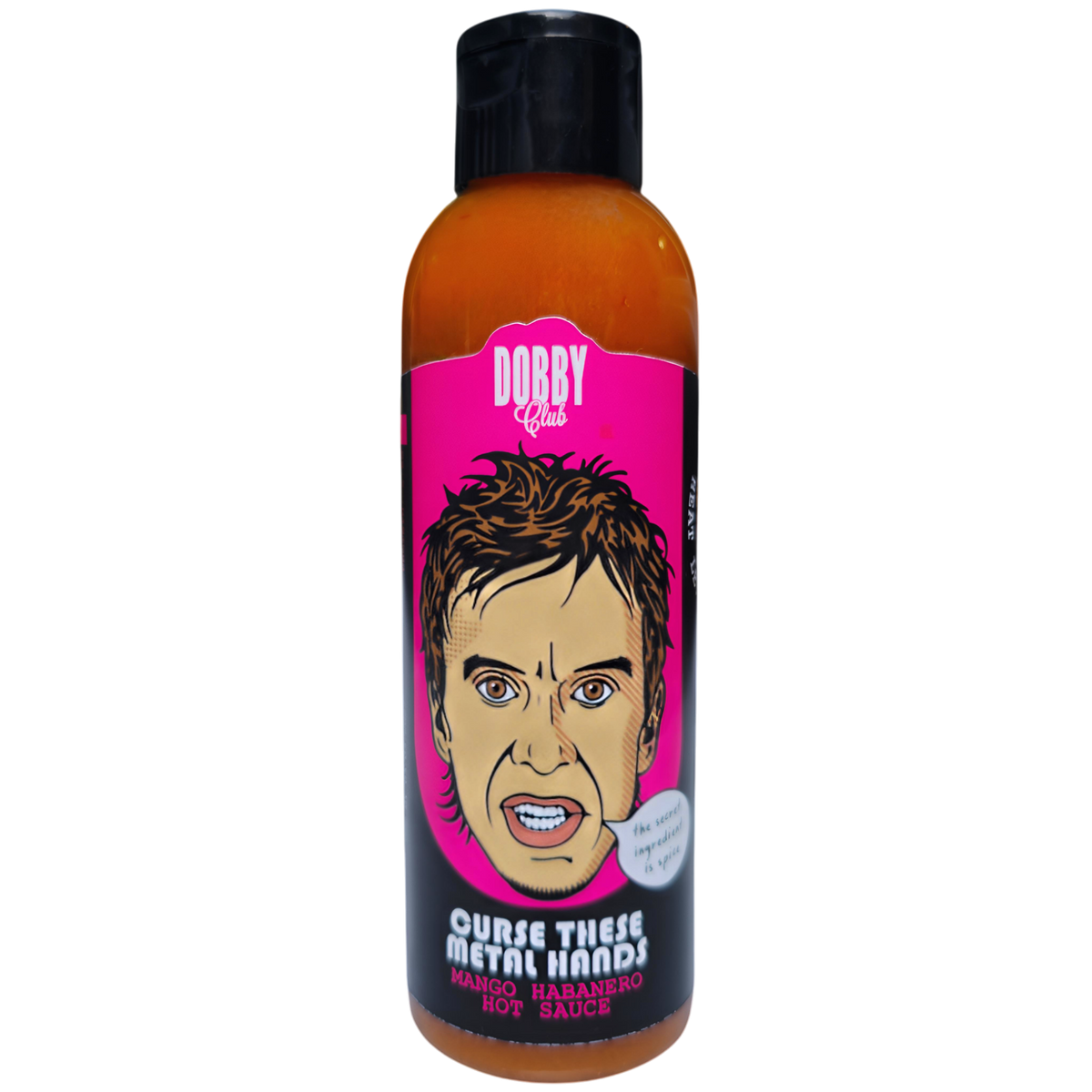 Curse These Metal Hands Dobby Club Edition hot sauce bottle from Lou's Brews, featuring a distinctive label design.