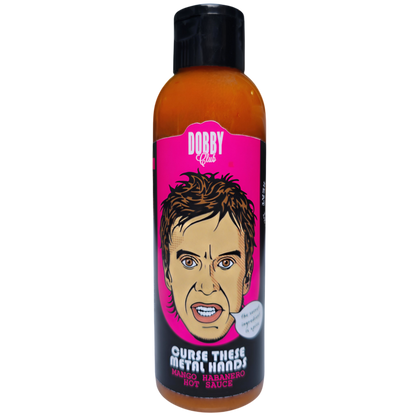 Curse These Metal Hands Dobby Club Edition hot sauce bottle from Lou's Brews, featuring a distinctive label design.