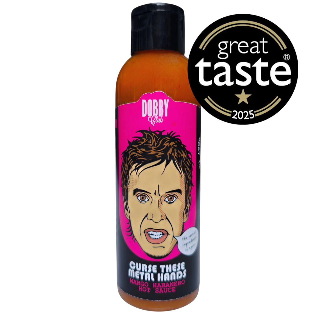 Bottle of Curse These Metal Hands Dobby Club Edition hot sauce by Lou's Brews, featuring a dark label design with metallic accents.